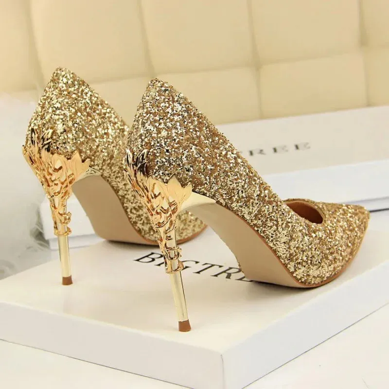 Aiertu 2024 Spring Summer New Crystal Sequins Bride Shoes High Heels Women's Fine Heel Versatile Pointed Toe Gown Single Shoes