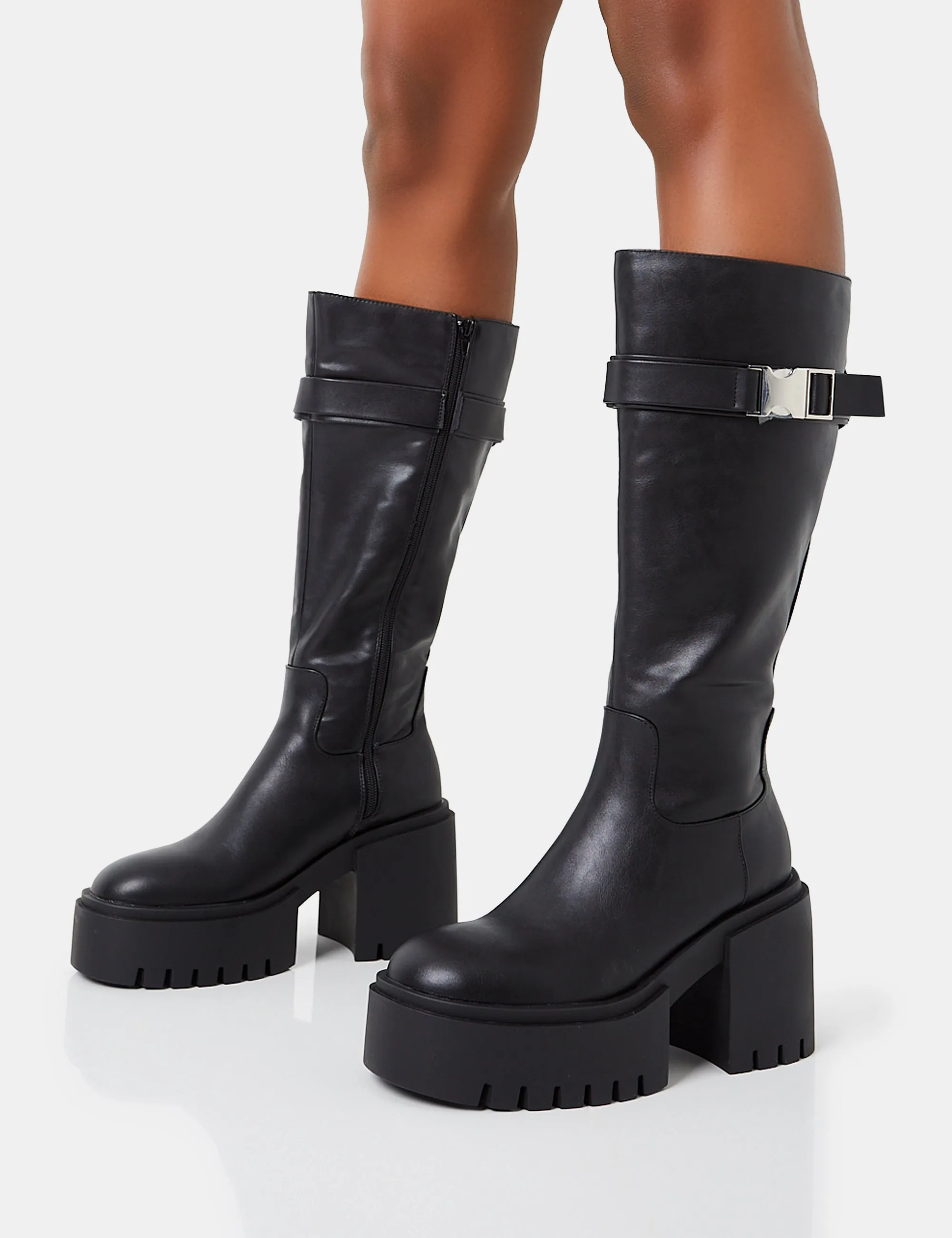 Alaska Wide Fit Black Pu Rounded Toe Chunky Soled Block Heel Knee High Boots