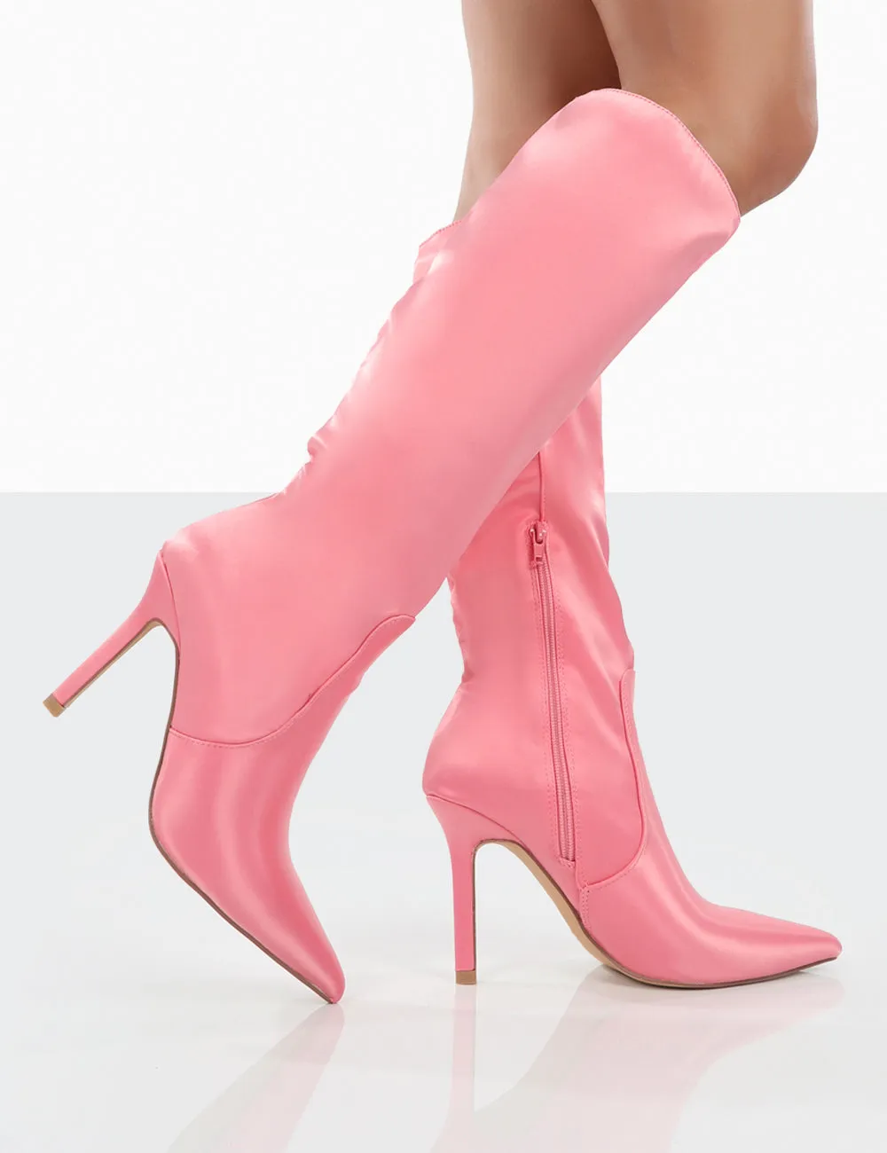 Best Believe Pink Satin Pointed Toe Stiletto Heeled Knee High Boots