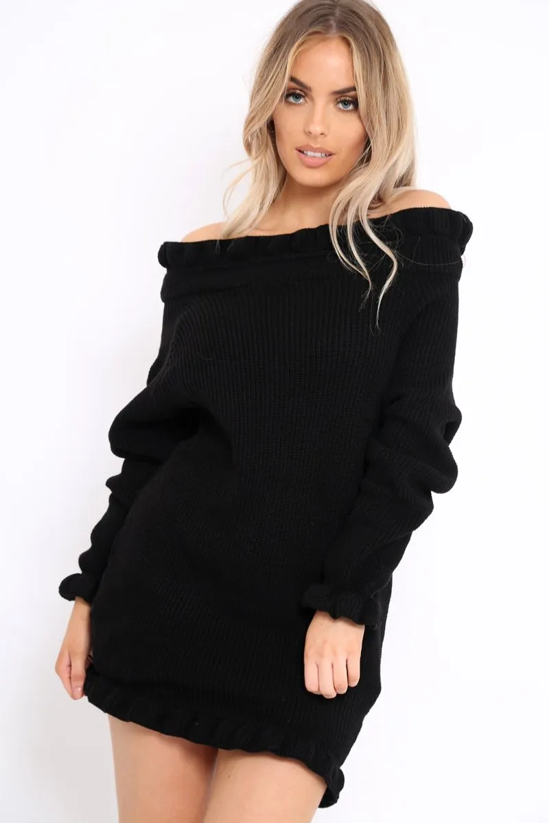 Black Knitted Bardot Jumper Dress with Elasticated hems - Kirsty