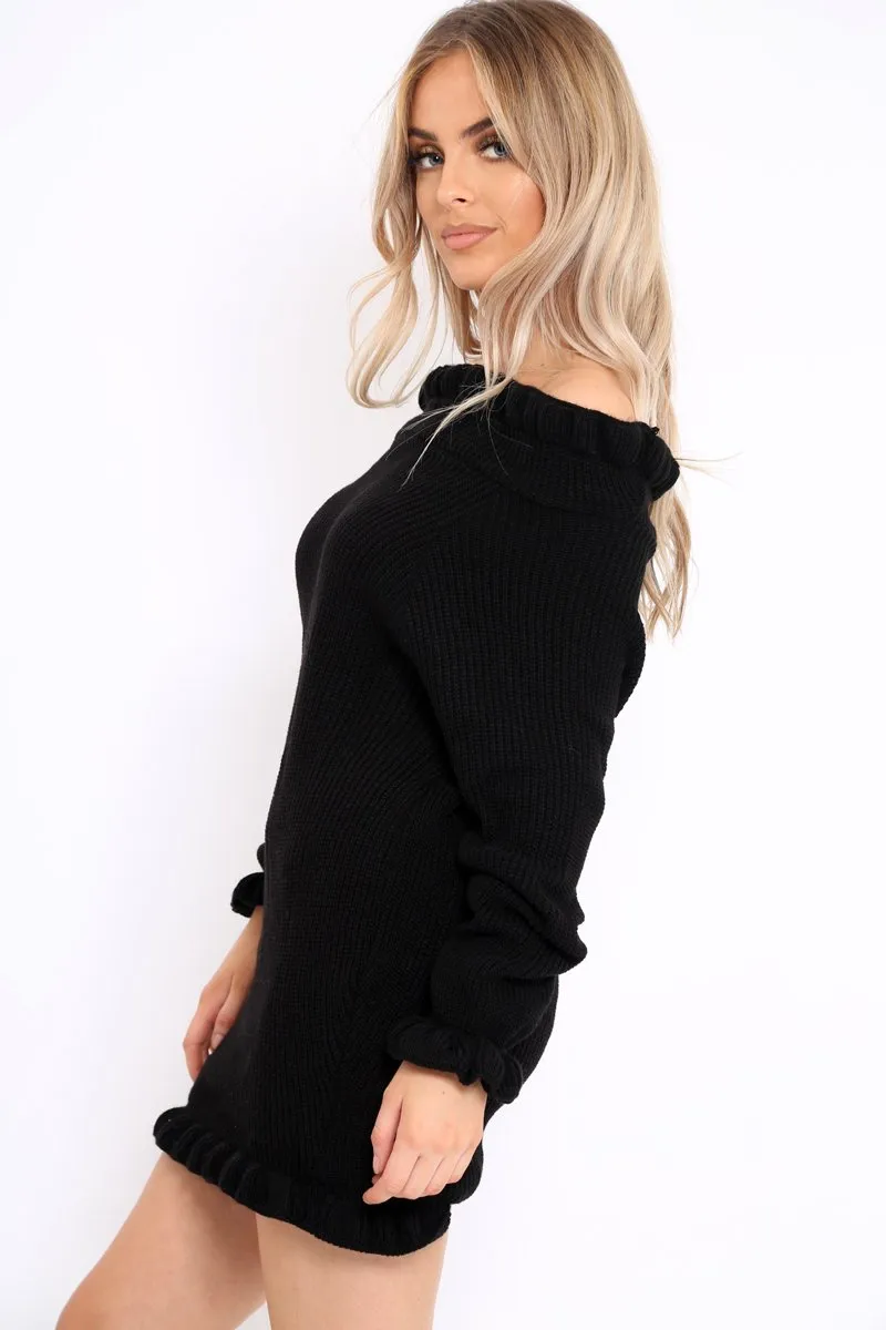 Black Knitted Bardot Jumper Dress with Elasticated hems - Kirsty