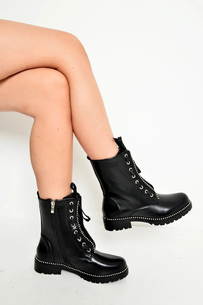 Black PU Stud Trim Biker Boots - Tiarra