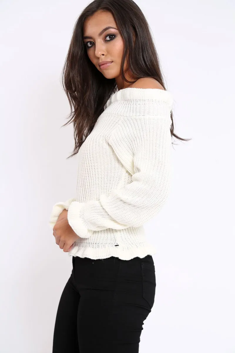 Cream Knitted Ruffle Jumper with Elasticated hems - Eve