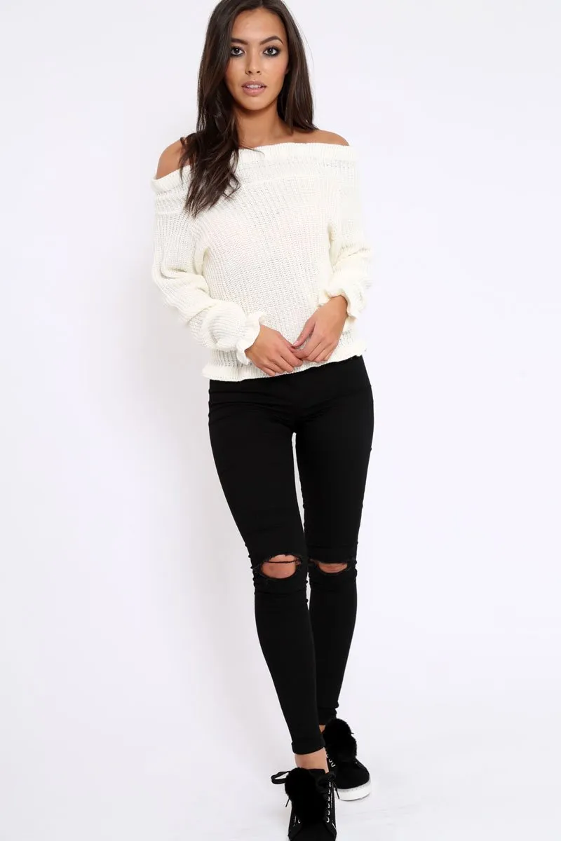 Cream Knitted Ruffle Jumper with Elasticated hems - Eve