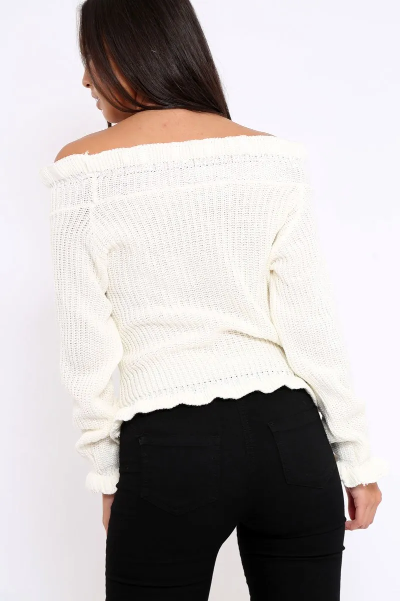 Cream Knitted Ruffle Jumper with Elasticated hems - Eve