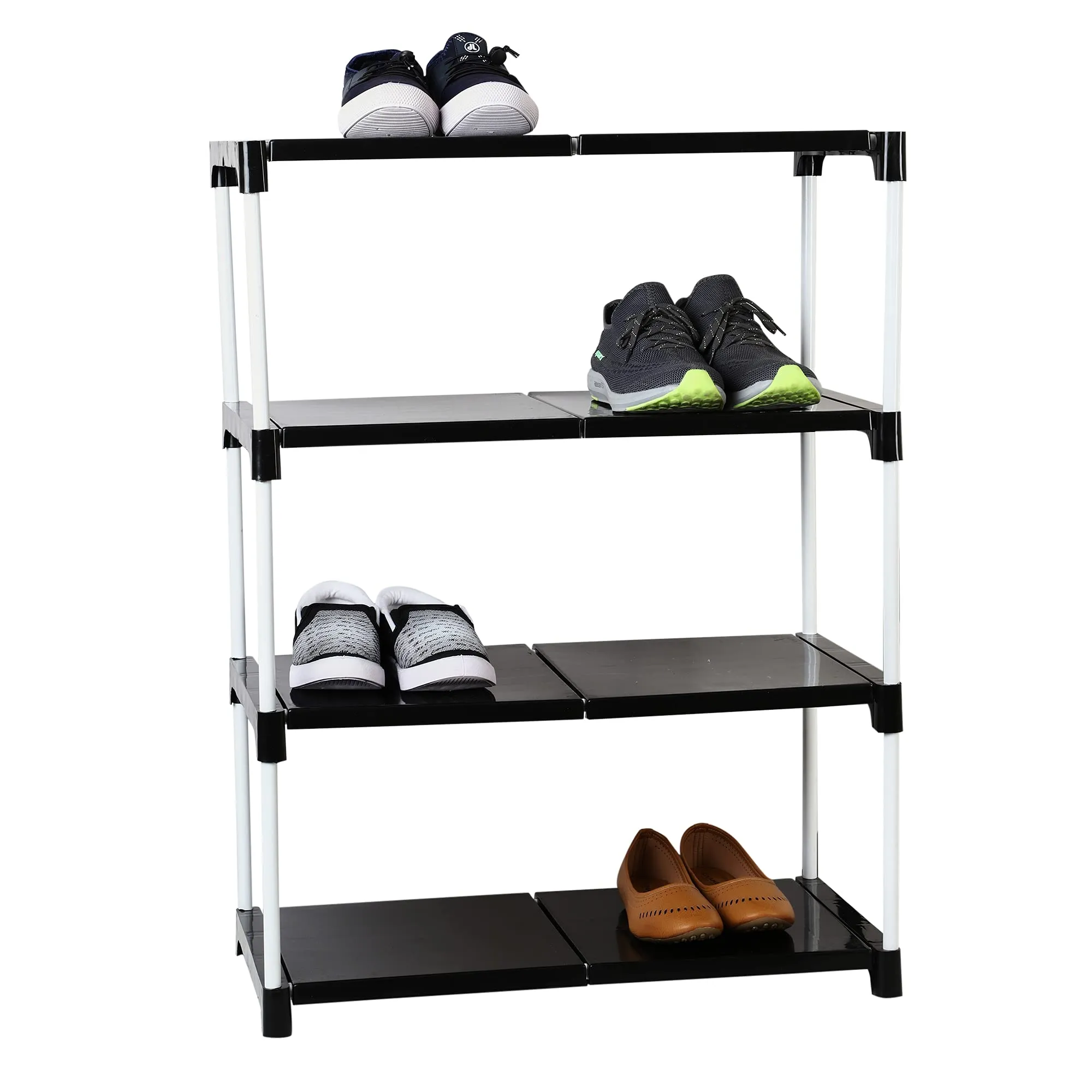 Dhani Creation Black & White Extra Strong Multipurpose Organizer Plastic Steps and Powder Coated Metal Rods Shoe Racks/Clothes/Books/Utility Rack (4 Step)