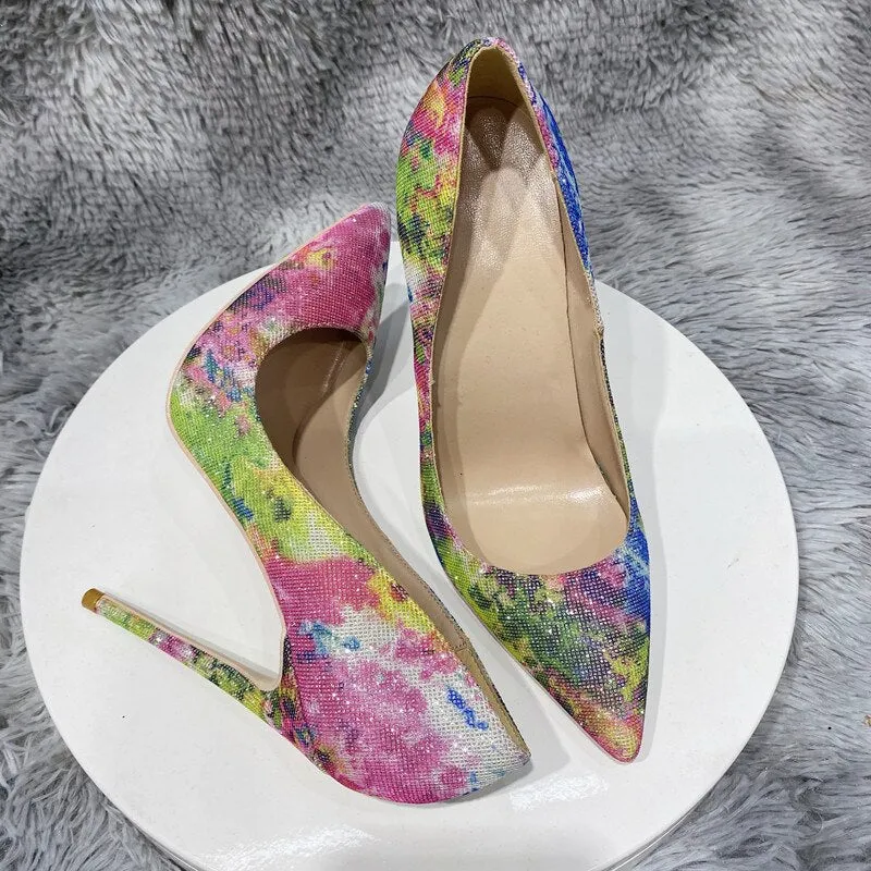 Floral Bling Pointed Toe High Heel Shoes