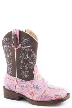 Girls Roper Pink Glitter & Floral Square Toe Toddler Boot