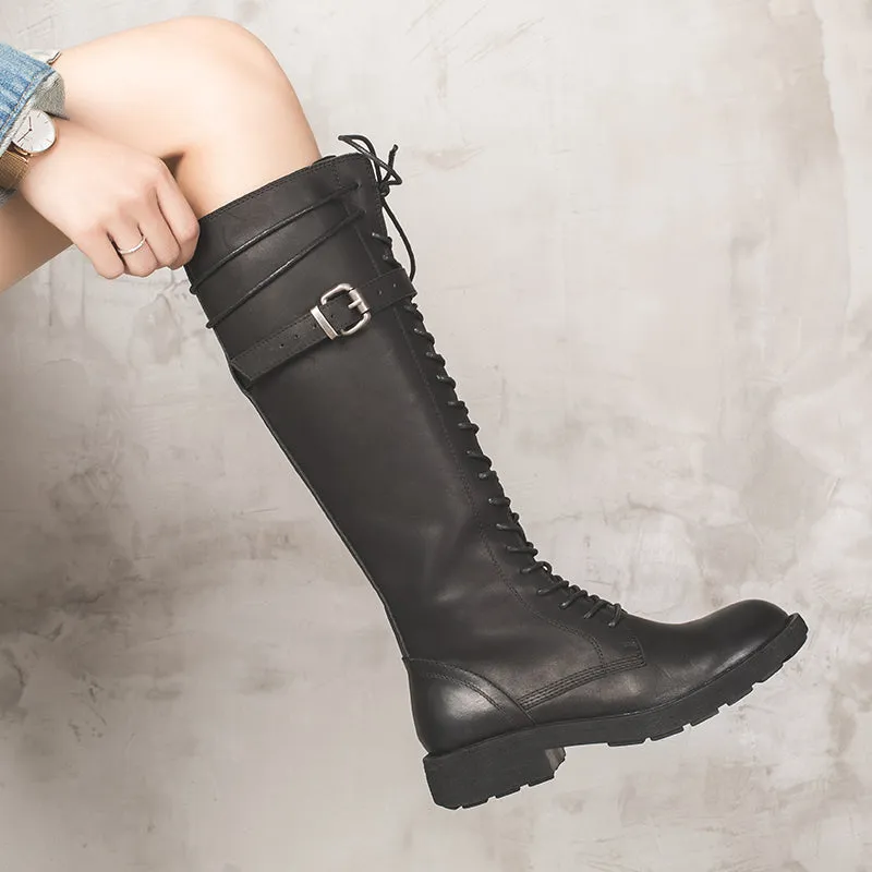 Handmade Waxing Leather Lace up Knee High Boots Buckle Decoration Side Zip Riding Boots in Black