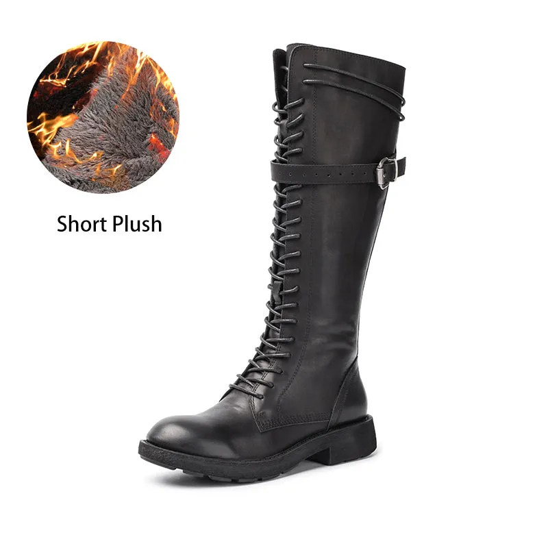 Handmade Waxing Leather Lace up Knee High Boots Buckle Decoration Side Zip Riding Boots in Black