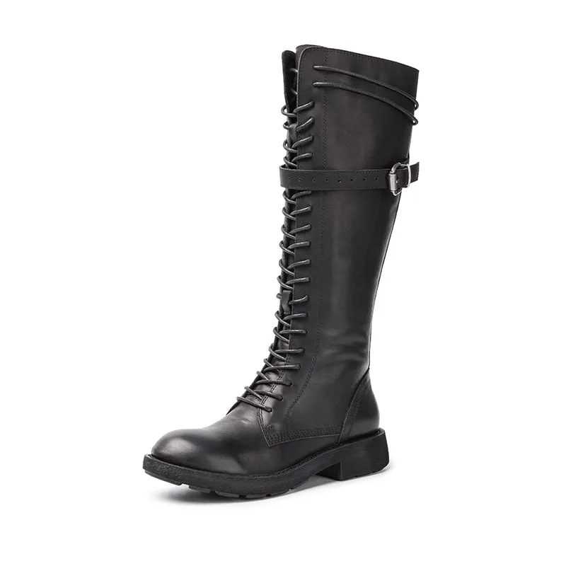 Handmade Waxing Leather Lace up Knee High Boots Buckle Decoration Side Zip Riding Boots in Black