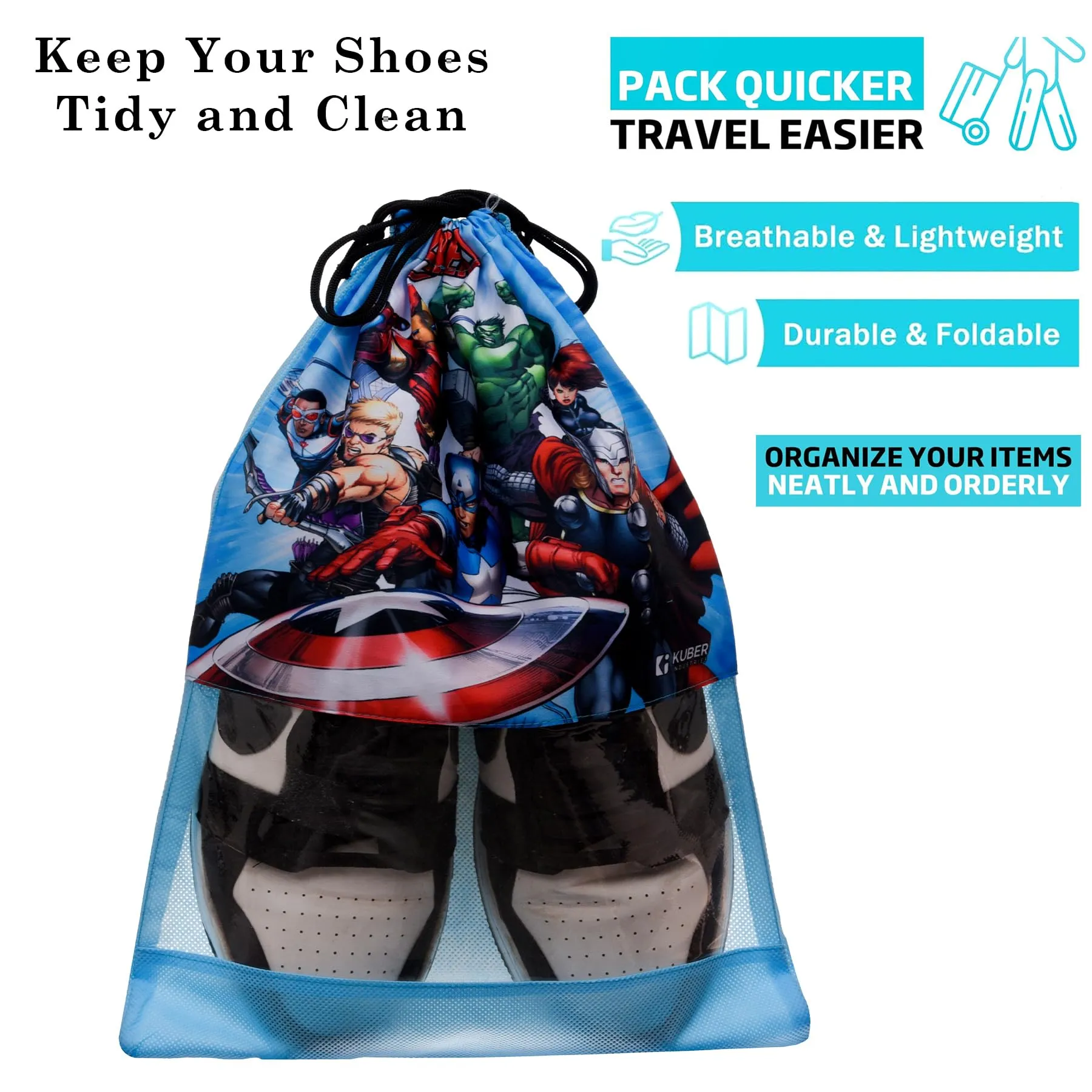 Heart Home Marvel Avengers Shoe Cover | Travel Shoe Storage Bags | Polyester Storage Bag | Drawstring Shoe Cover | Shoe Organizer with Clear window | Pack of 12 | Sky Blue