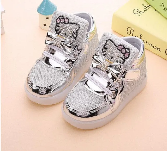 Hot New Baby Girls LED Light Shoes Toddler Anti-Slip Sports Boots Kids Sneakers Children's Cartoon Kitty Flats shoes 5 colors