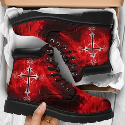 Jesus God Cross Light Red Leather Boots - Christian Shoes For Men And Women