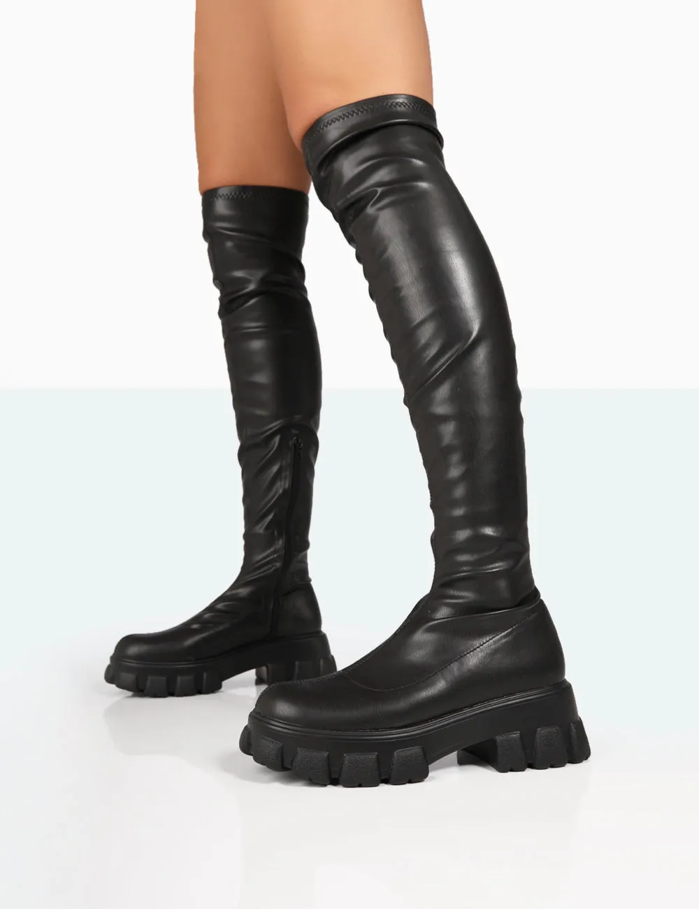 Junya Black PU Over The Knee Chunky Sole Boots