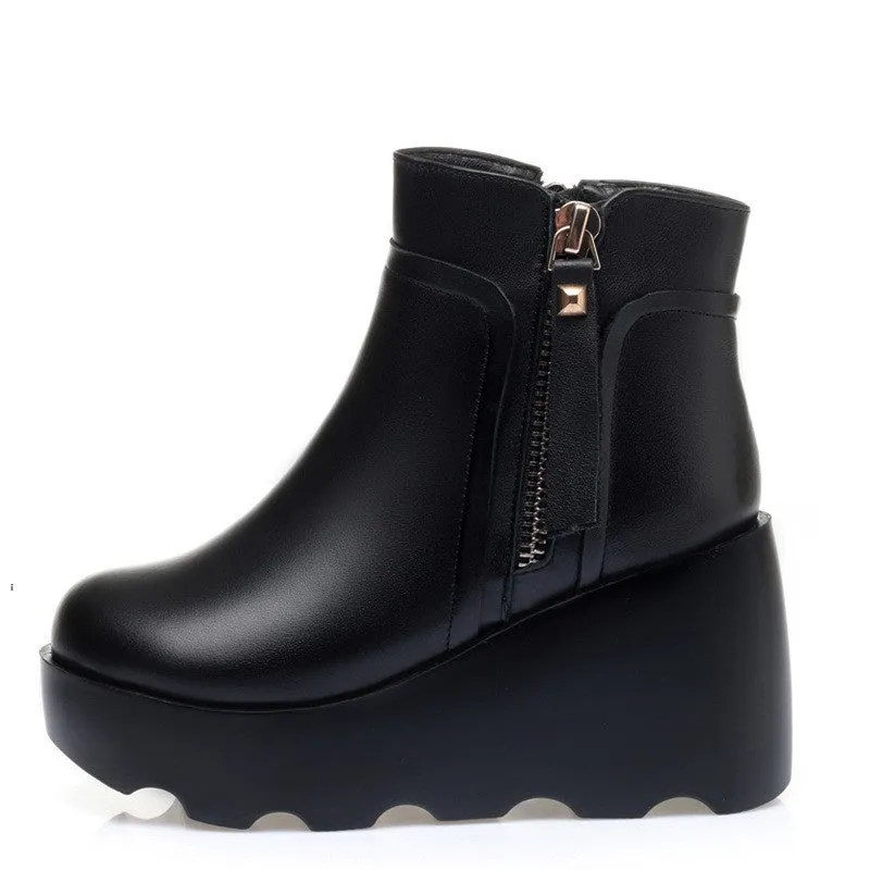 Leather Wedge Platform Wool Boots