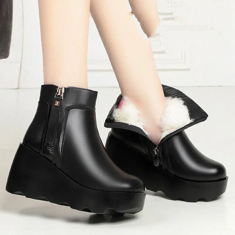 Leather Wedge Platform Wool Boots