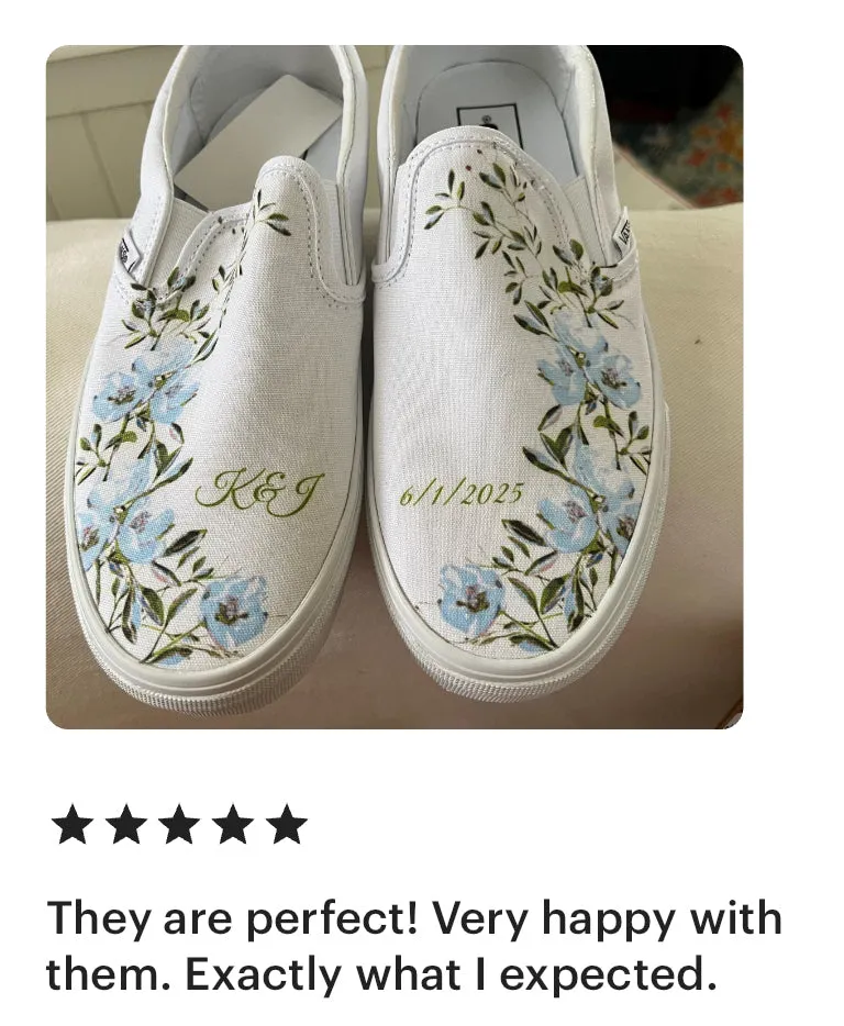 Light Blue Flower - Wedding Custom Slip On Vans Bridal Shoes Wedding Sneakers Wedding Shoes for Bride Brides Maids and Maid of Honor