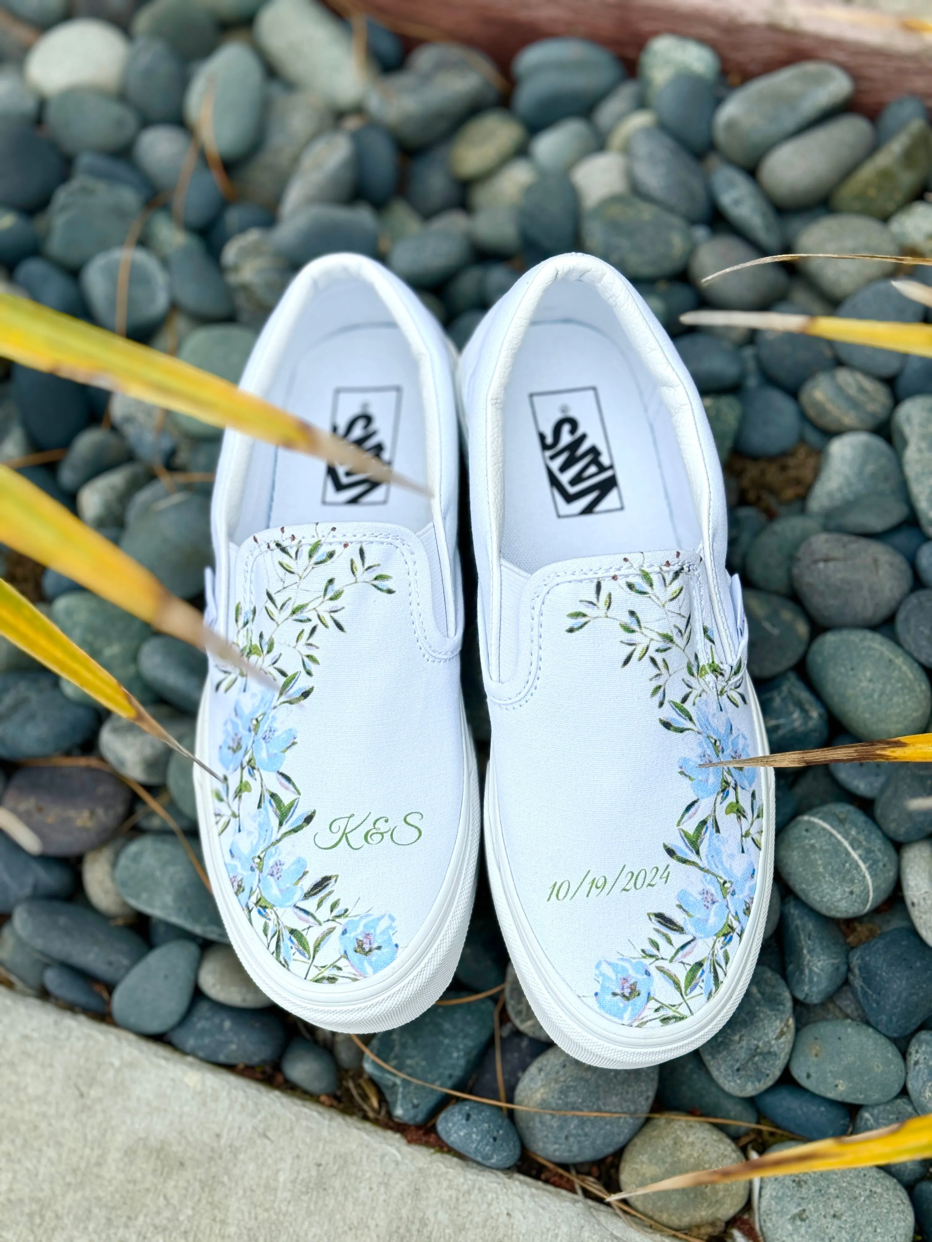 Light Blue Flower - Wedding Custom Slip On Vans Bridal Shoes Wedding Sneakers Wedding Shoes for Bride Brides Maids and Maid of Honor