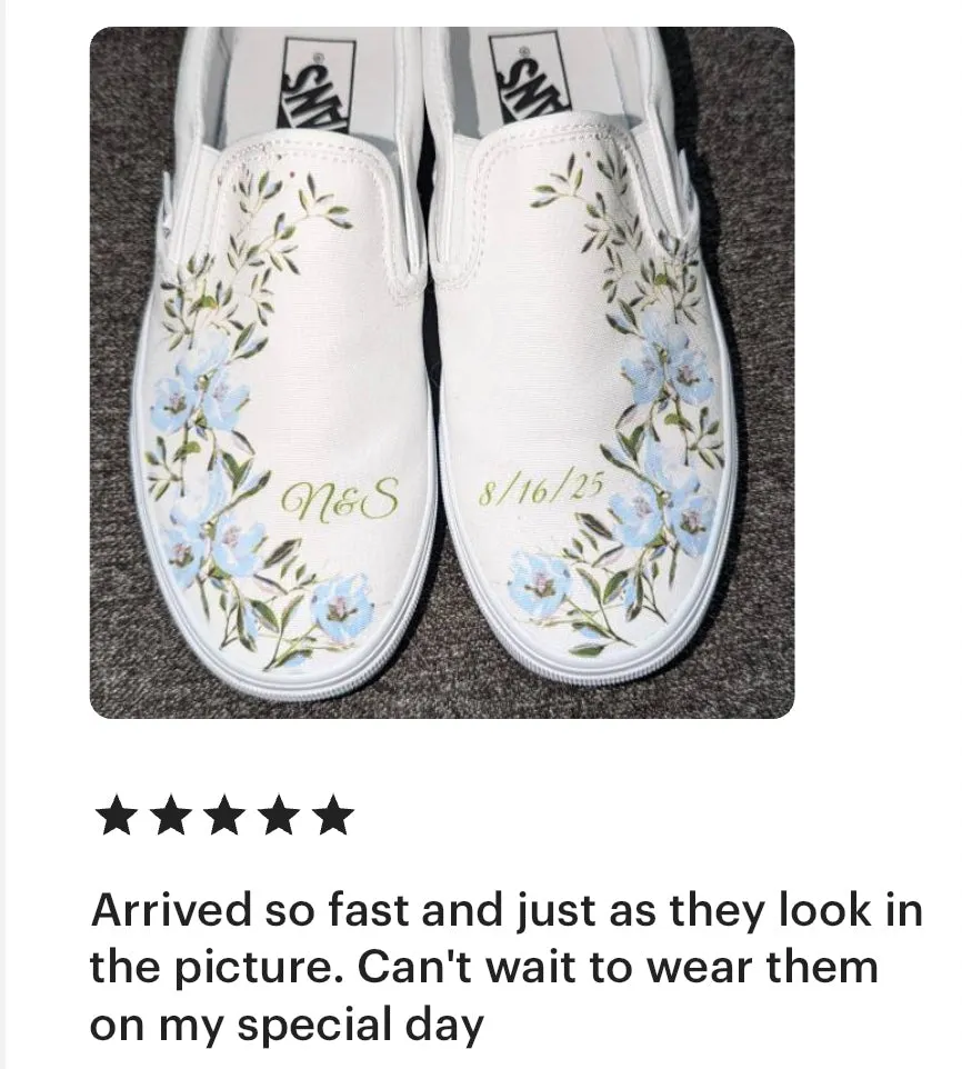 Light Blue Flower - Wedding Custom Slip On Vans Bridal Shoes Wedding Sneakers Wedding Shoes for Bride Brides Maids and Maid of Honor