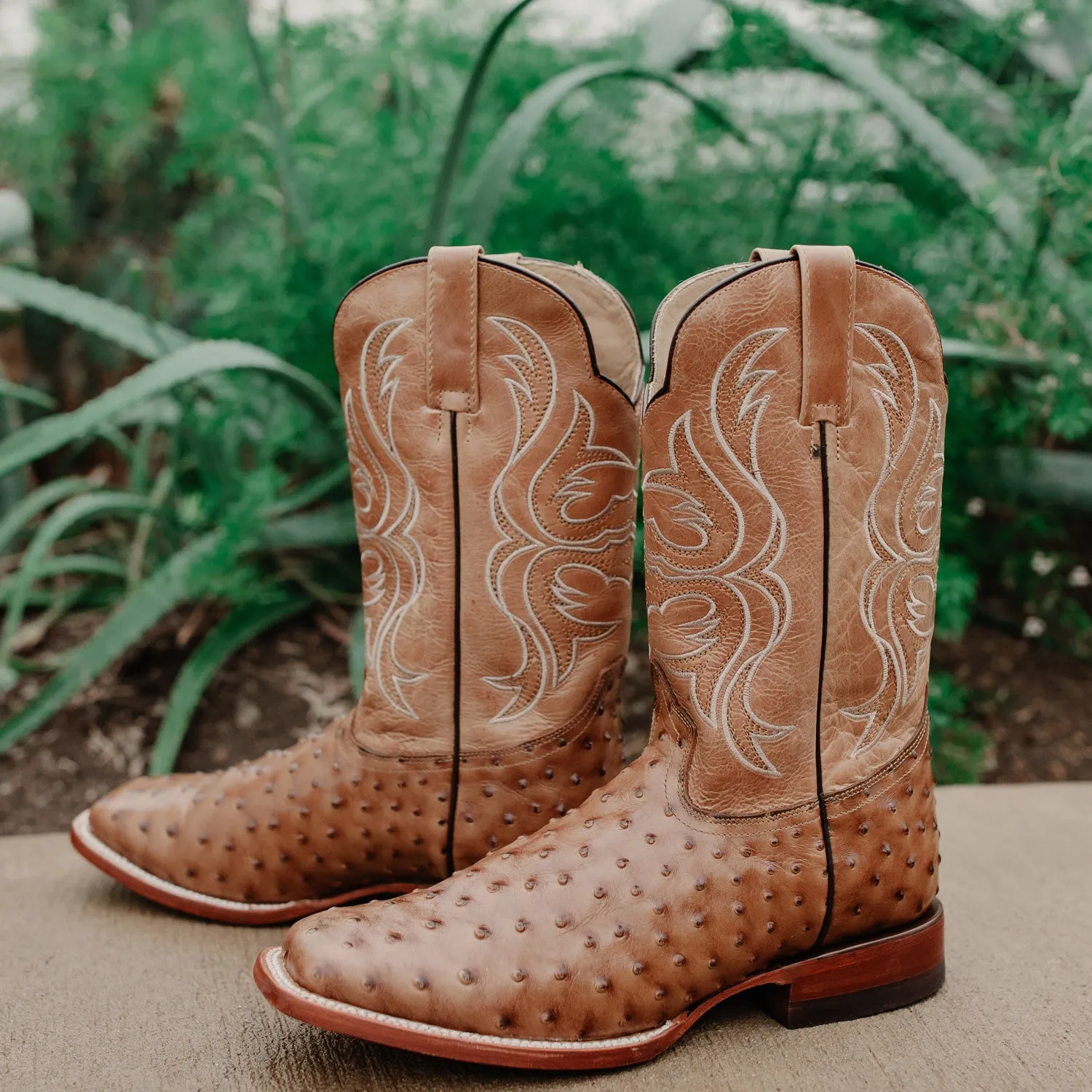 Soto Boots Men's Ostrich Print Square Toe Cowboy Boots H8001-Tan