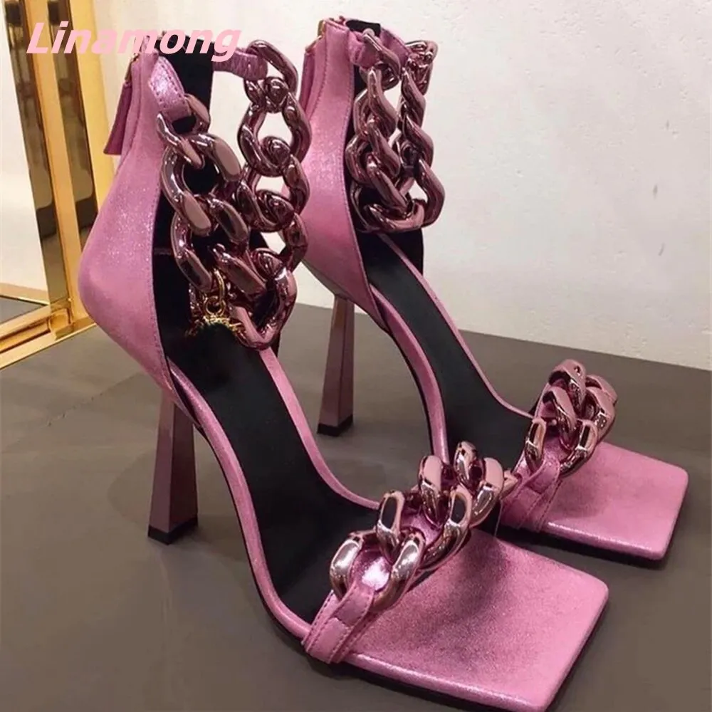 Summer Metal Chain Women Sandals Cover Heel Square Toe Genuine Leather Solid Novelty Casual Women Party Fashion Shoes